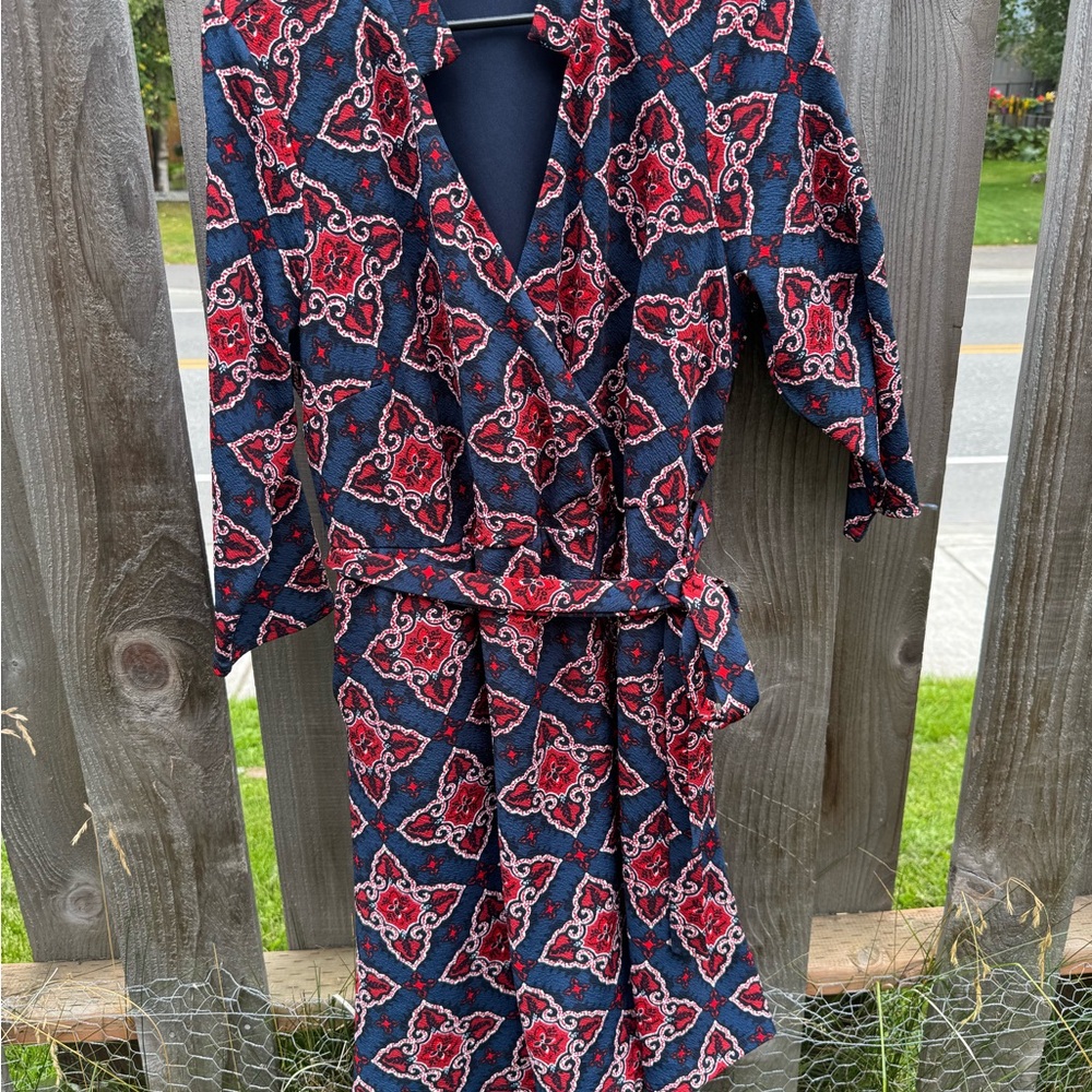 Michel Studio Red and Blue Patterned Midi Dress